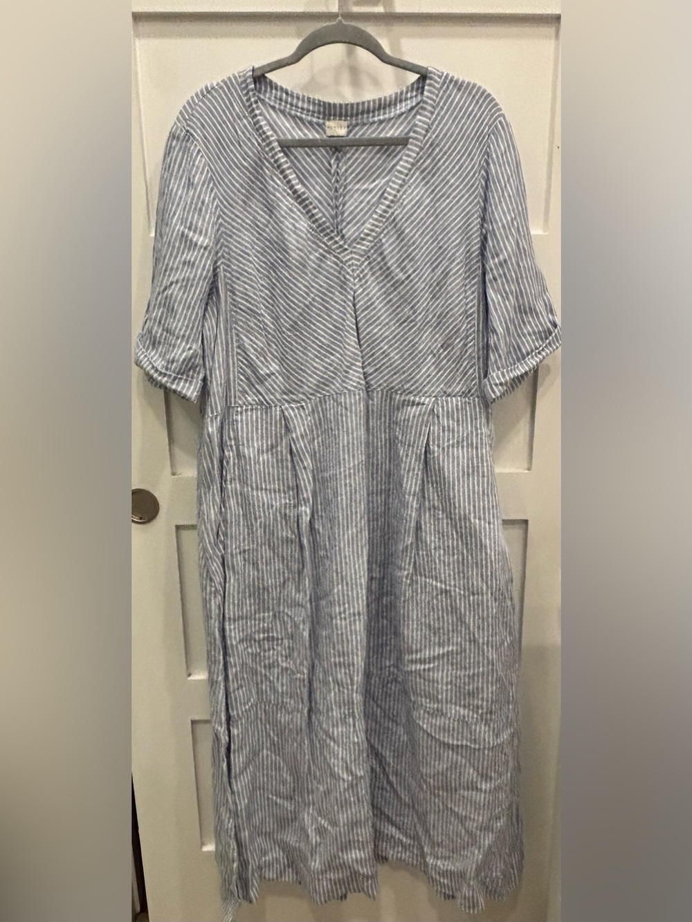 Poetry Blue & White 100% Linen Striped V-Neck Maxi Dress